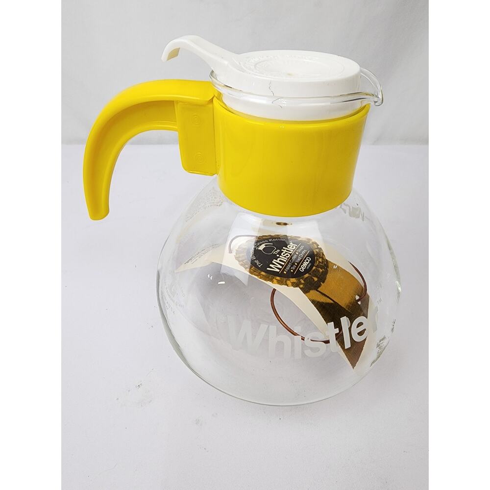 Gemco The Whistler Glass Kettle Pot 8c Yellow/White Handle w/Metal Grid NWT - Picture 2 of 8